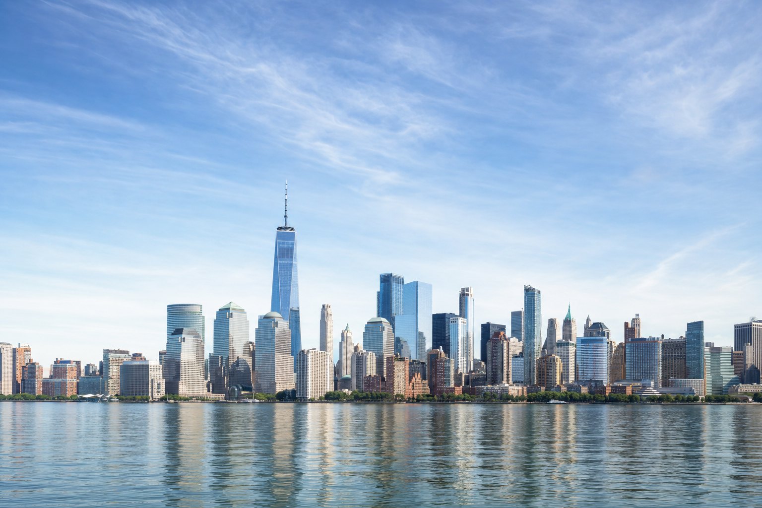 Lower Manhattan skyline on a clear day across the East River