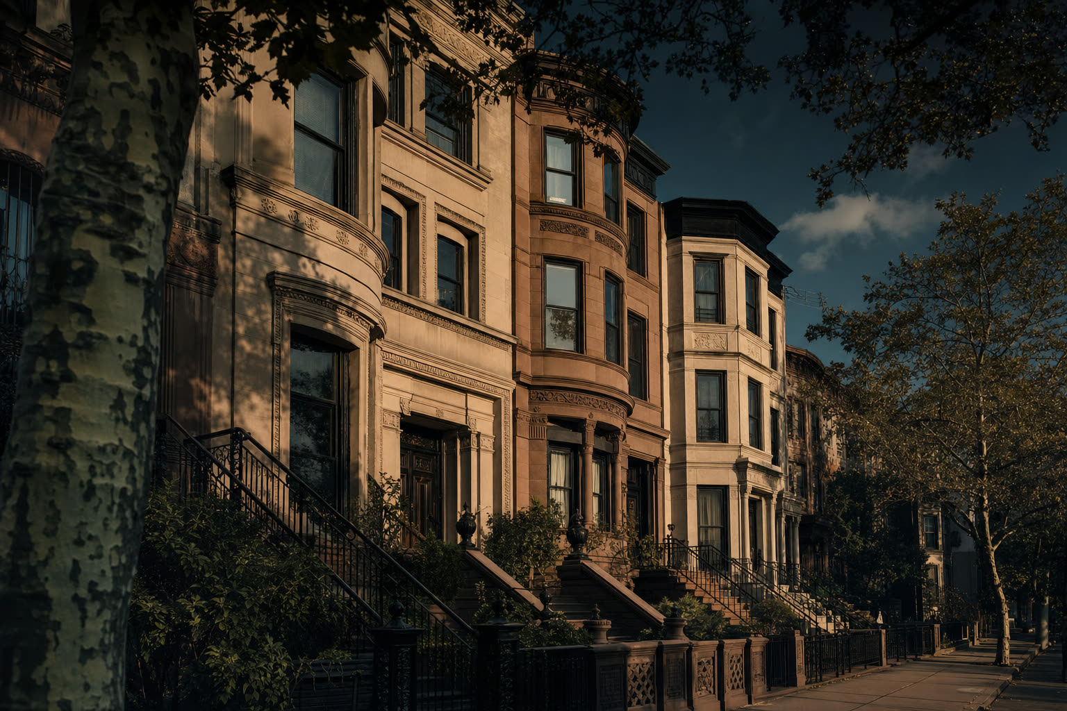 Row of classic Brooklyn brownstone and limestone townhouses in late-afternoon light